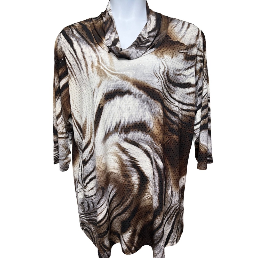 SUSAN GRAVER Womens Brown Tiger Print Sequined Cowl Neck Top 2X Glam Mob Wife